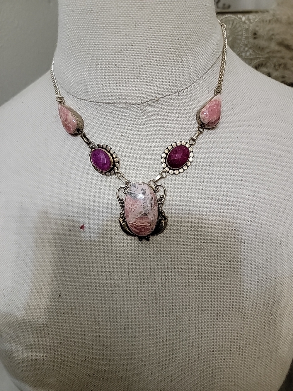 Boho Silver 925 Pink & Purple Semi-Precious Stone Necklace